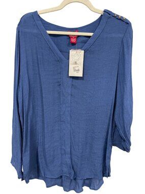 Red Ranch Shirt XXL V-Neck Roll Sleeve Pyramid Studded Blue Rayon Essentials NEW